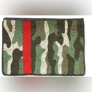 Ink+ Alloy Beaded Camouflage Clutch with Red Stripe